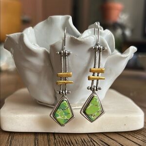 Silver and Green Geometric Stone Earrings
